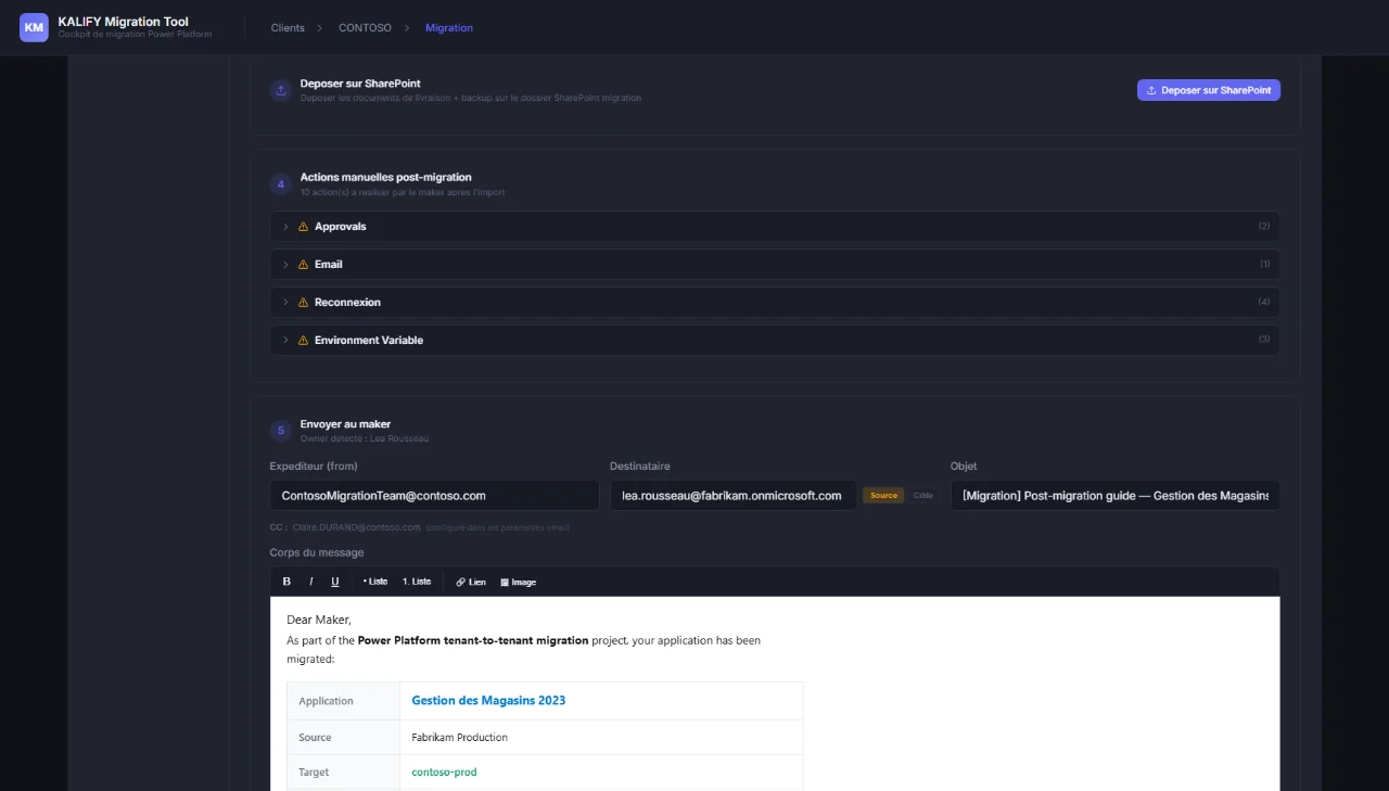 Email de fin de migration : maker détecté, corps généré avec récapitulatif et guide en pièce jointe