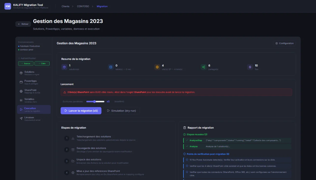 Écran d'exécution KALIFY Migration Tool : résumé de la migration, lancement en un clic et rapport en temps réel