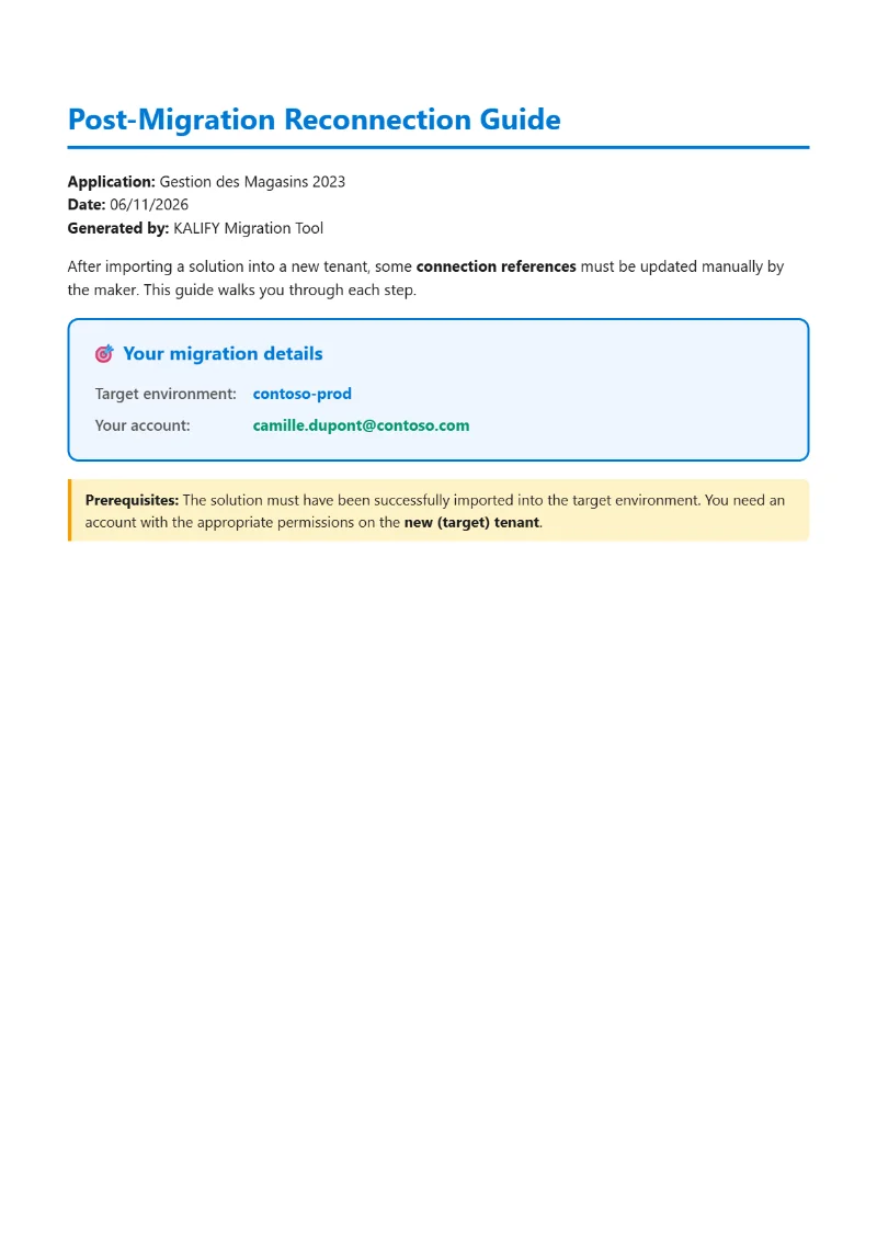 Page de garde du guide PDF de reconnexion post-migration généré par KALIFY Migration Tool