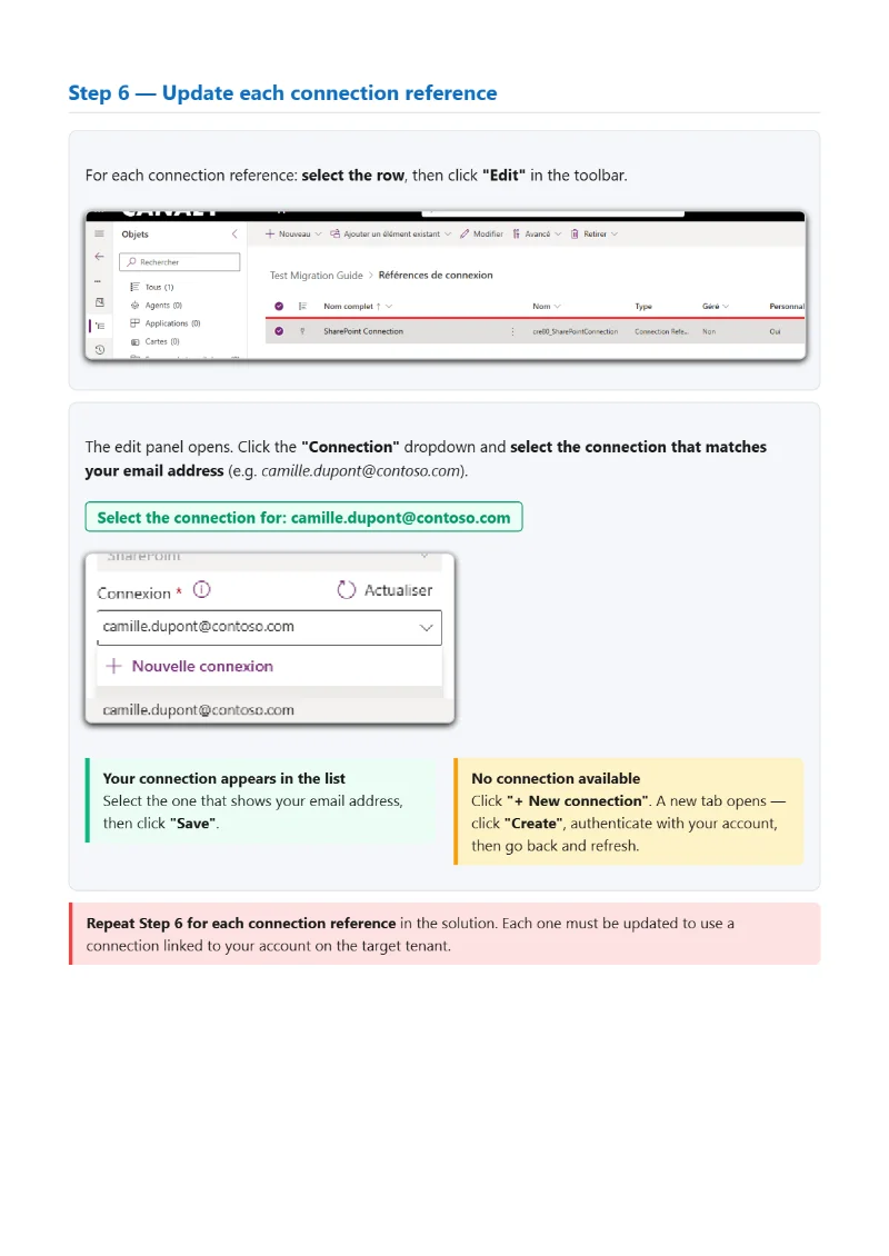 Étape du guide généré : mise à jour de chaque référence de connexion, écrans annotés