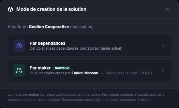 Choix du mode de création de solution dans KALIFY Migration Tool : par dépendances ou par maker