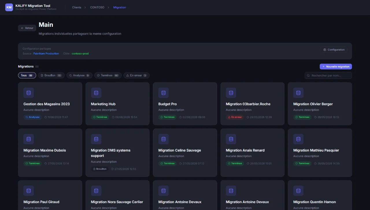 KALIFY Migration Tool — 88 migrations Power Platform pilotées depuis une seule interface